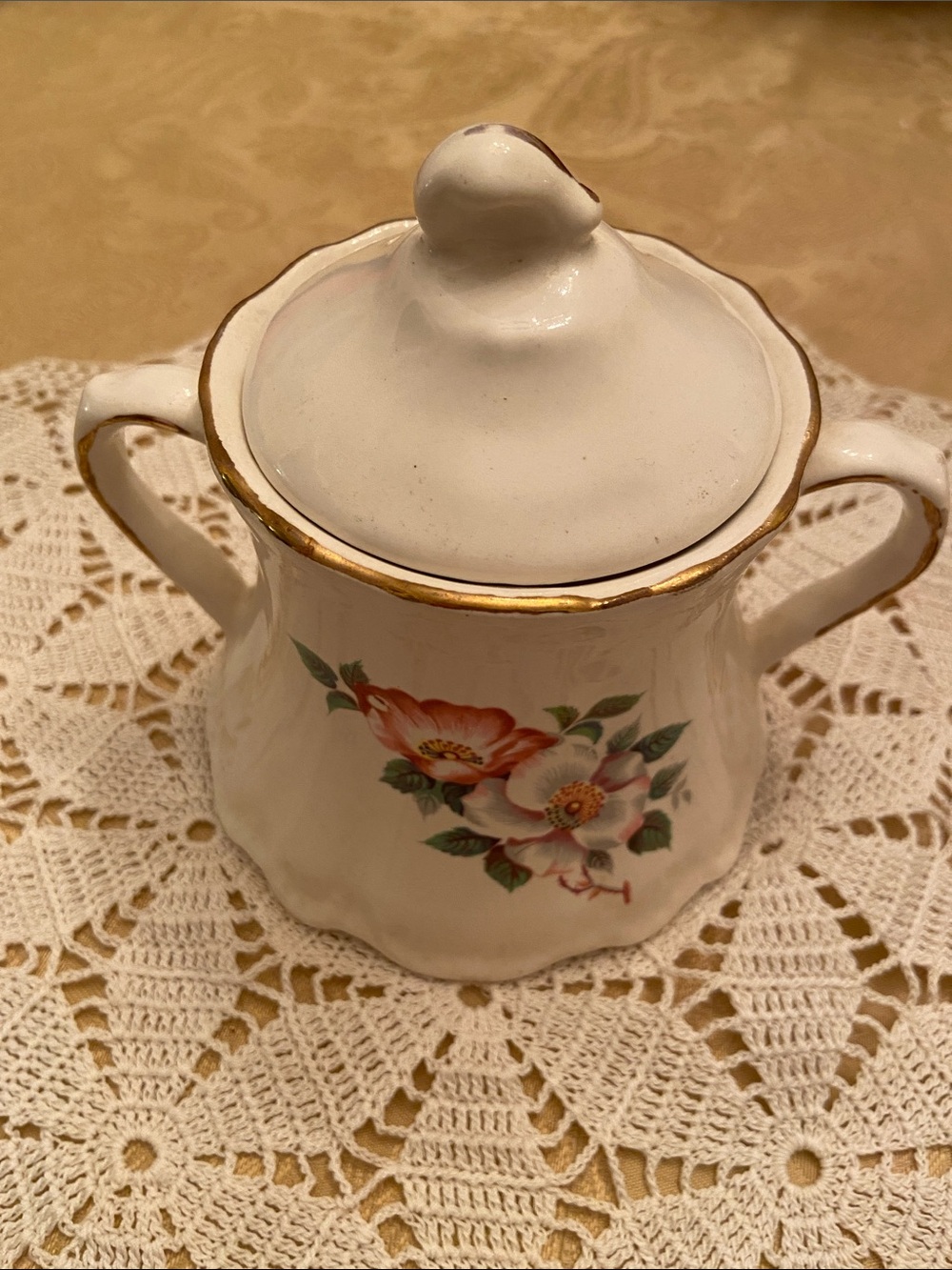 House of Webster Vintage White Floral Covered Sugar Bowl with Gold Trim